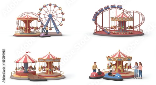 Amusement park rides set on white background