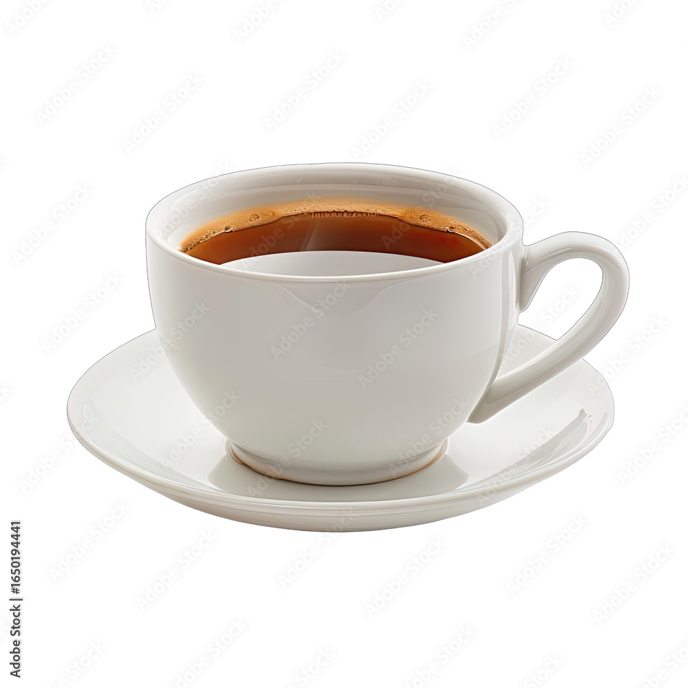 Obraz premium White ceramic coffee cup filled with dark brown hot liquid, steaming slightly, on a matching saucer