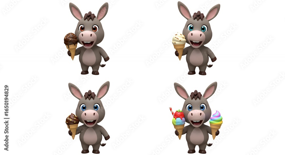 Naklejka premium Cartoon donkeys with ice cream