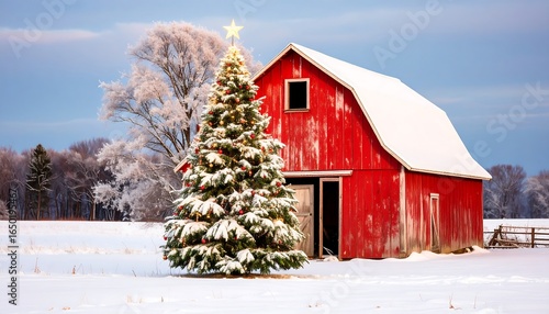 Christmas tree and red barn in snowy landscape.