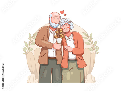 Elder couple embracing each other with love, as the man offers a flower bouquet, symbolizing lifelong love that endures into old age. depicted with Warm soft pastel colors and flat cartoon style