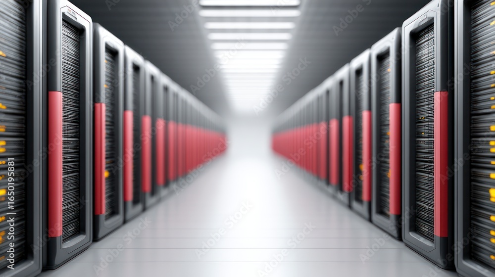 Fototapeta premium Rows of modern server racks with red and grey casing illuminated in a data center