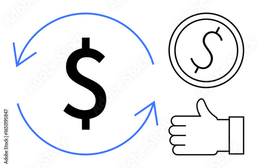 Dollar signs surrounded by circular arrows, coin, thumbs-up gesture. Ideal for finance, cash flow, investment, business, approval saving currency. Perfect for a simple landing page