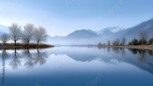 Tranquil landscape with misty mountains reflecting in still water at dawn.