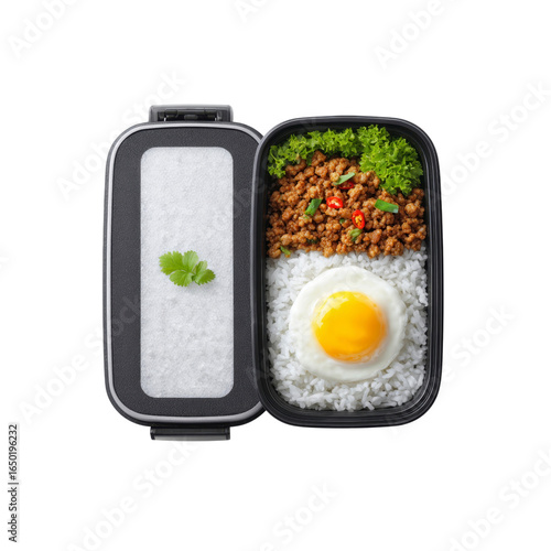 Delicious and Healthy Lunchbox with Rice, Ground Pork, Fried Egg, and Greens