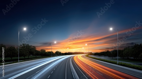 Vibrant sunset over a busy highway with light trails from vehicles and illuminated streetlights.