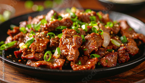 A sizzling plate of beef bulgogi with green onions