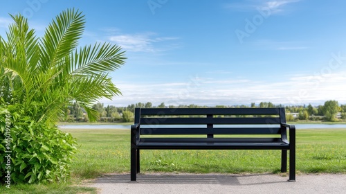A serene black bench beside lush greenery and a calm water body under a clear sky.
