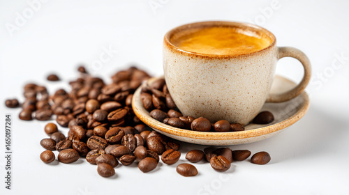 Coffee cup on saucer surrounded by roasted coffee beans on white table