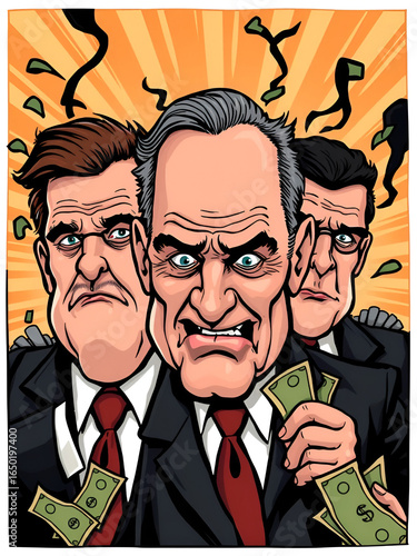 A satirical cartoon style image on the theme of corruption in politics or business, powerful middle aged men with money. Square format.