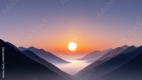Stunning sunset over layered mountains with a calm, reflective landscape.