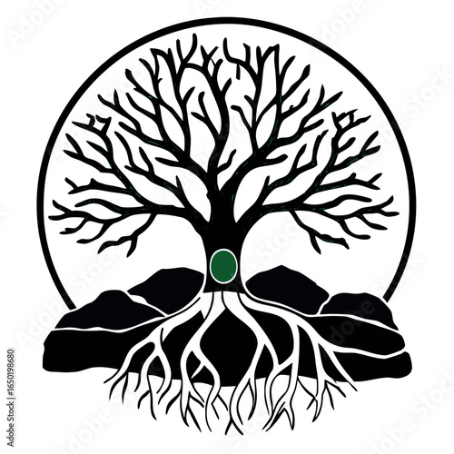 Stylized tree with roots and circle black white
