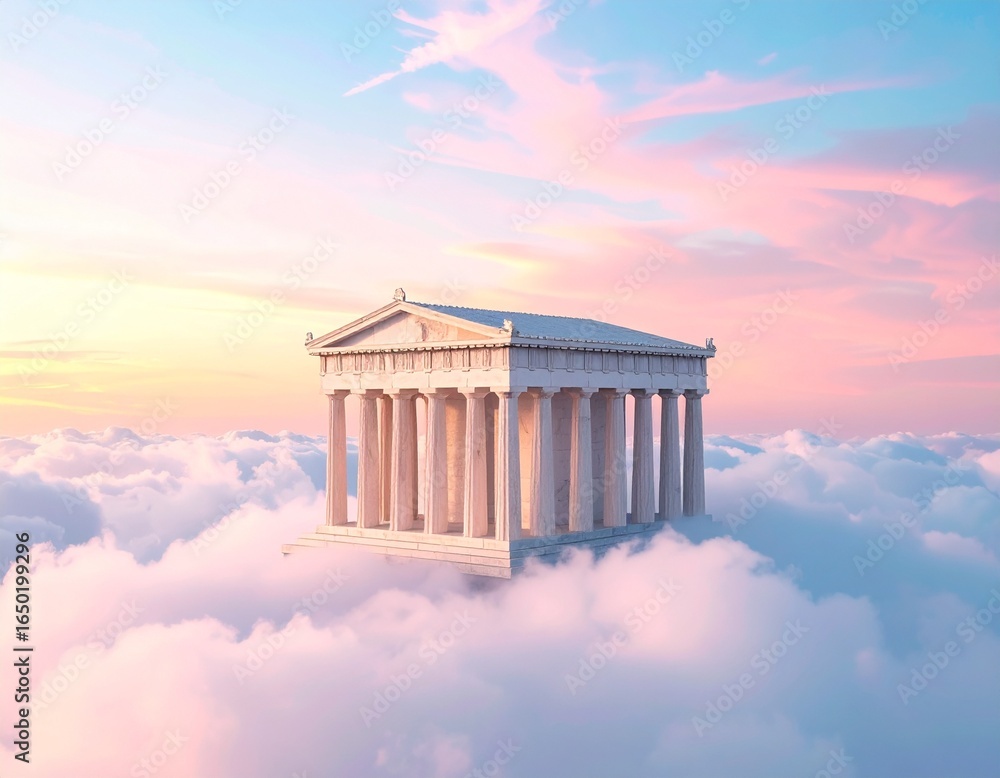 Obraz premium Ethereal concept of a classical marble temple floating in a surreal pastel sky above the clouds