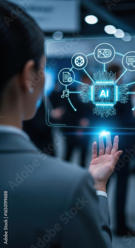 Wallpaper Mural Businesswoman interacting with virtual artificial intelligence interface, futuristic technology, digital data, innovation, and connectivity concept in modern office environment Torontodigital.ca