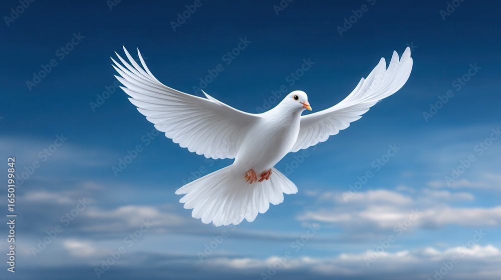 Obraz premium A majestic white dove gracefully soaring through a clear blue sky.