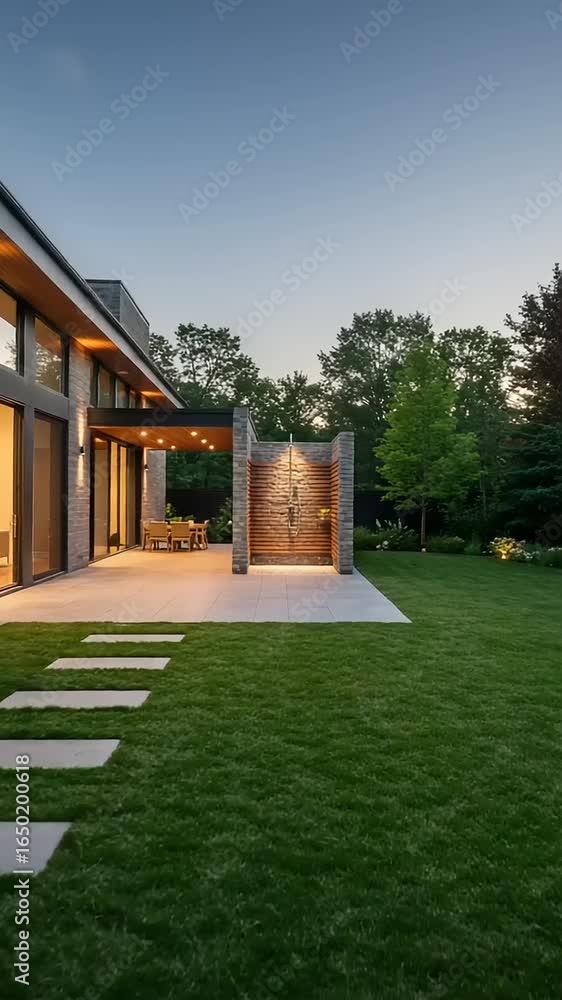 Modern home exterior at dusk with garden and patio Modern home exterior at dusk with garden and patio