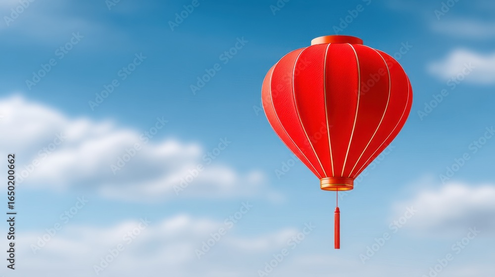 Fototapeta premium A vibrant red lantern against a blue sky with soft clouds.