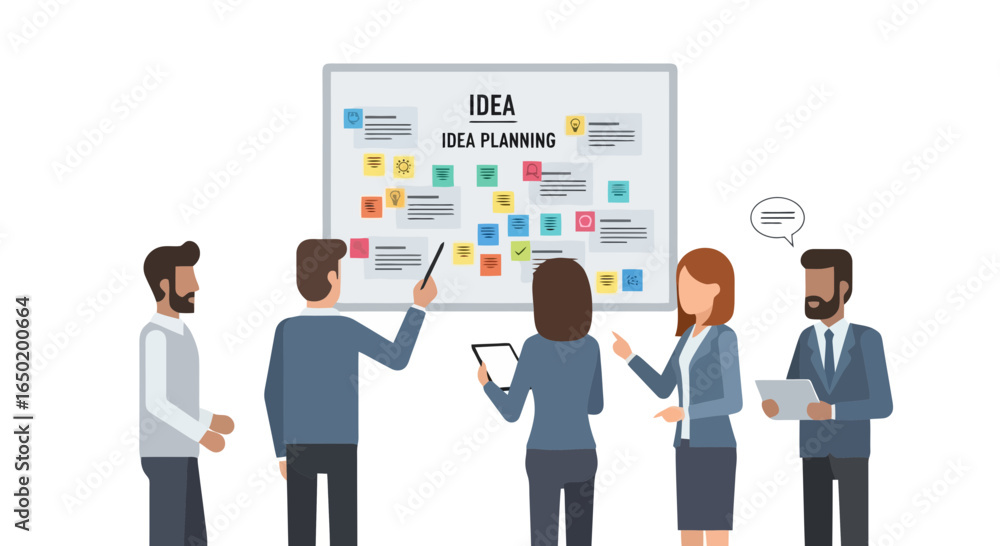 Collaborative Business Team Brainstorming and Planning Session with Sticky Notes on Whiteboard, Ideal for Corporate Strategy and Creative Problem Solving Collaborative Business Team Brainstorming and Planning Session with Sticky Notes on Whiteboard, Ideal for Corporate Strategy and Creative Problem Solving
