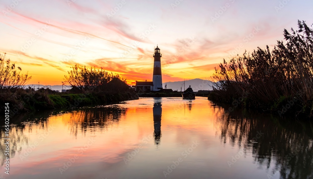 Fototapeta premium Calm water reflects a lighthouse silhouetted against a vibrant sunset sky