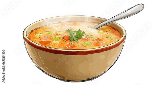 Vegetable soup with spoon, healthy meal, nutritious on transparent background