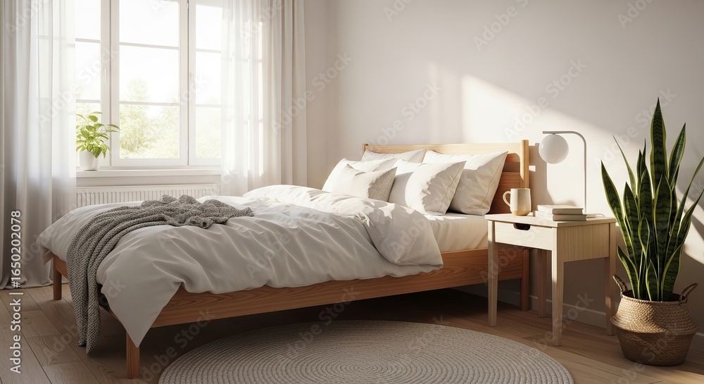 Fototapeta premium A serene bedroom with natural light, featuring a wooden bed, cozy linens, and a decorative plant.