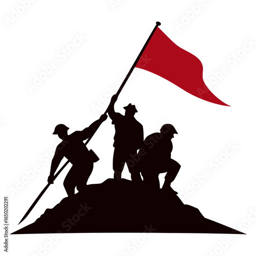 Soldiers raising a red flag on a hilltop