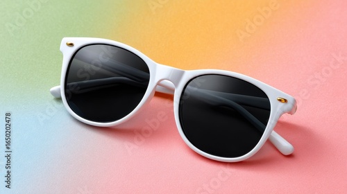 Stylish white sunglasses with black lenses on a colorful gradient background.