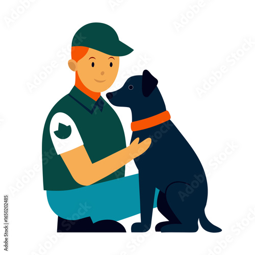 Man in green uniform petting a black dog