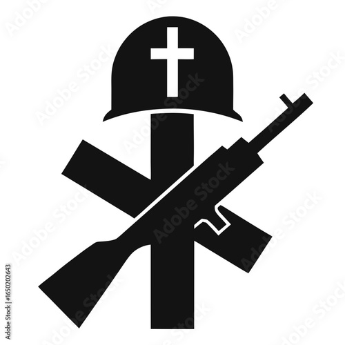 Christian soldier memorial symbol with rifle and helmet