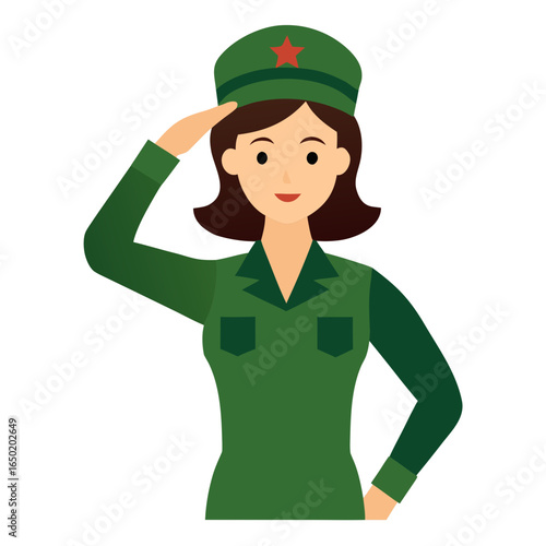Woman in military uniform saluting with a red star emblem