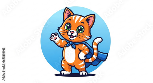 Cartoon orange tabby cat superhero waving paw vector illustration for kids and animal lovers design
