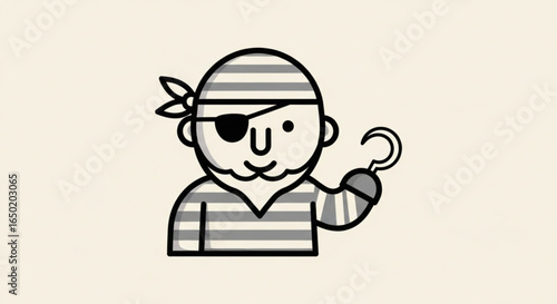 Cartoon pirate with eye patch hook hand and striped shirt vector illustration character design artwork