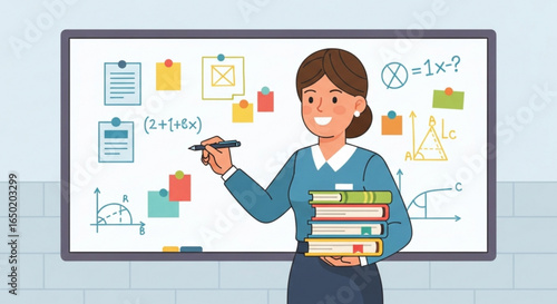 Teacher explaining math formulas on whiteboard education concept for learning and teaching illustration