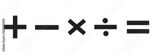 Basic mathematical symbol. Plus, minus, multiply, divide icon set. Plus and minus icon set. Math symbol. Plus icon, Minus icon, Multiply icon, Divide icon.