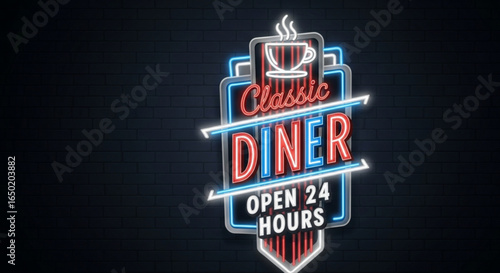 Classic diner neon sign open hours restaurant retro vintage style american cafe food beverage establishment design