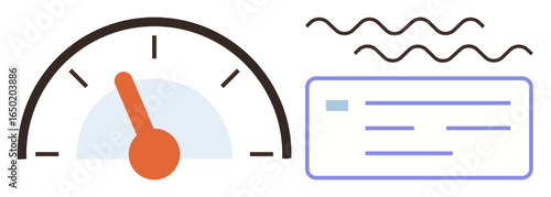 Speedometer gauge with orange needle and document with lines and waves. Ideal for performance, communication, speed, metrics, analysis, efficiency, progress. Simple flat metaphor