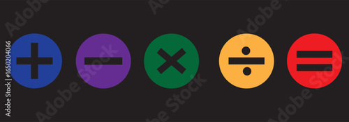 Plus, minus, multiply, divide and equal sign icon design set. Addition, subtraction, multiplication, division, equal sign, icon symbol. Mathematical symbol icon