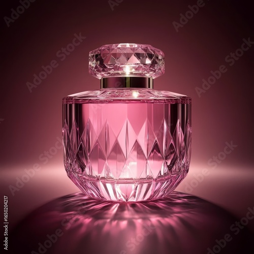 Elegant crystal perfume bottle with pink liquid on a pink background