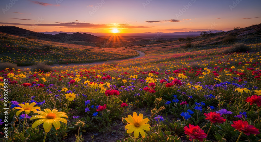 Fototapeta premium Vibrant wildflower meadow bathed in the golden light of a setting sun