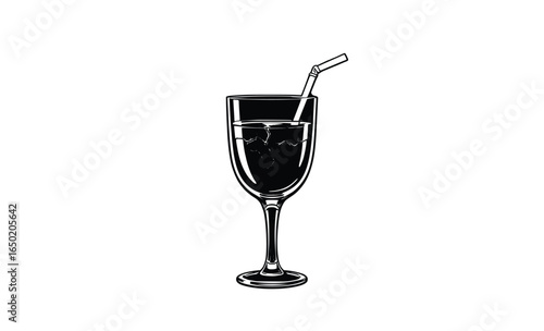 Elegant black wine glass with straw silhouette – minimalist modern drinkware icon on white background