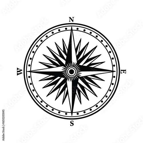 A compass rose vector with a north arrow points the direction of travel on a vintage map