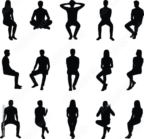 Silhouette people sitting posing, man woman vector illustration, casual relaxed posture design, black shadow figures, meditation yoga position, isolated modern collection