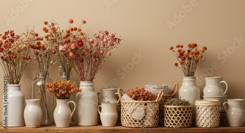 Autumn dried flower branches in jars
