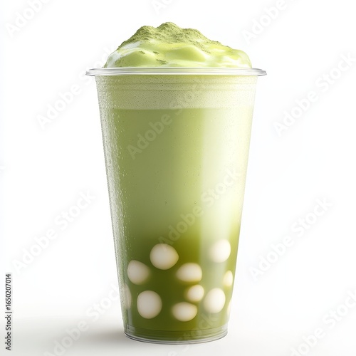 Matcha boba tea with cream topping in a clear plastic cup isolated