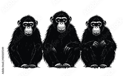 Minimal vector three monkeys outline illustration isolated on pure white background, simple animal artwork