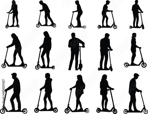 Silhouette people riding scooter, urban transport lifestyle, man woman characters, eco friendly mobility, city travel illustration, black outline design, modern vector collection