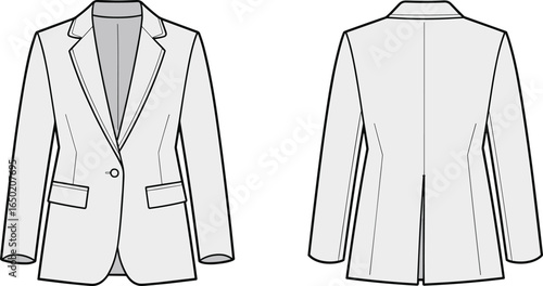 Flat sketch of women’s blazer, front and back technical drawing, fashion design vector, clothing template, tailored jacket, garment outline, apparel illustration