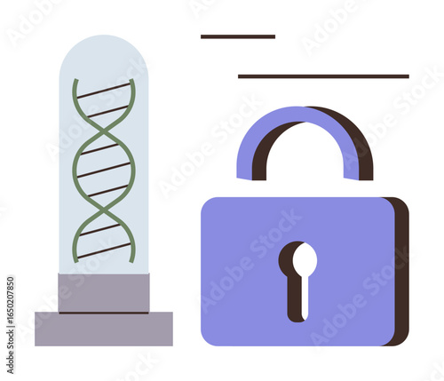 DNA in a glass tube near lock highlights data security, privacy, science, genetic research, technology, biotechnology, and confidentiality. Ideal for genetics website, ethical research topics