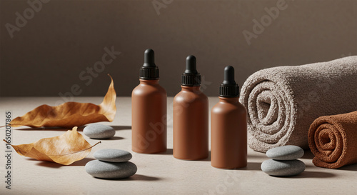 Spa wellness products aromatherapy bottles towels and stones for skincare routine