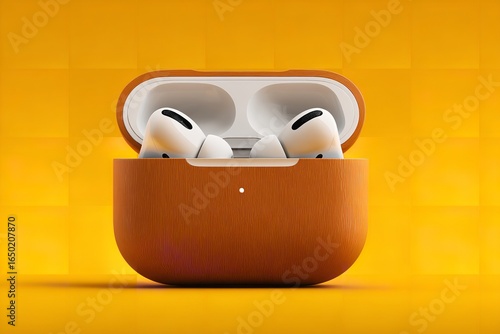 Photo of AirPods Pro in an orange wooden case on a yellow background, a mockup photo for an advertising banner, Generative AI.
